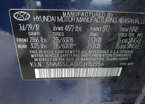 2020 Hyundai Santa Fe Limited из США, поврежденный, VIN 5NMS5CAD7LH152956